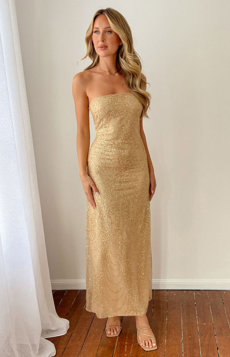gold strapless dress